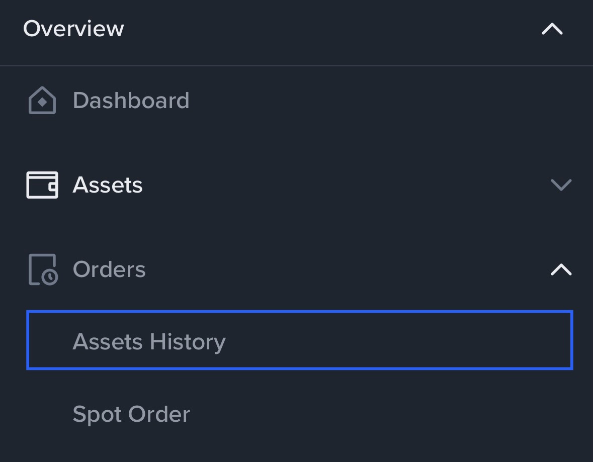 Binance Transaktionshistorie über Orders und Assets History öffnen