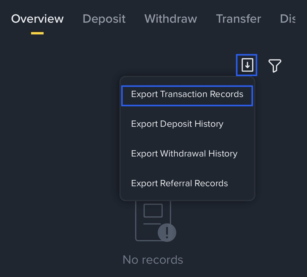 Binance Export Transaction Records auswählen