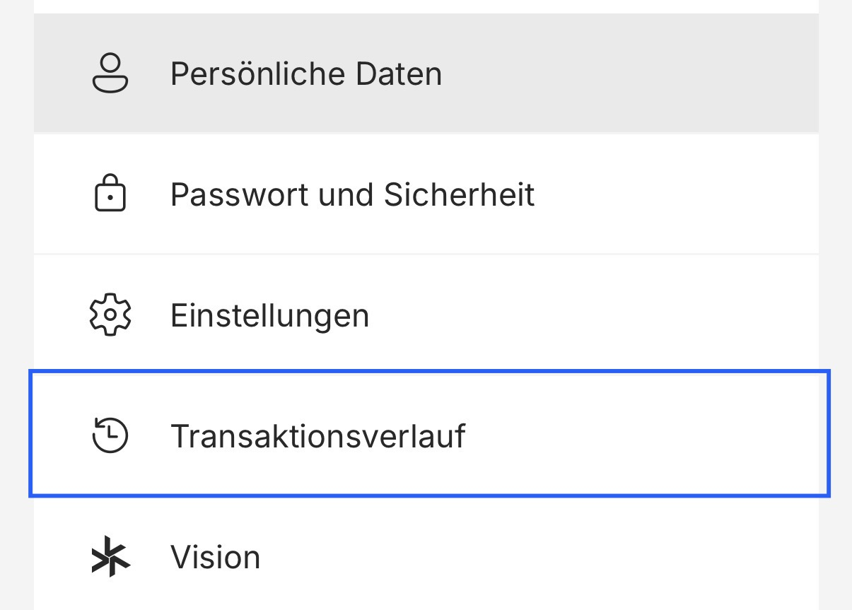 Bitpanda-Profilmenü mit markiertem Punkt Transaktionsverlauf
