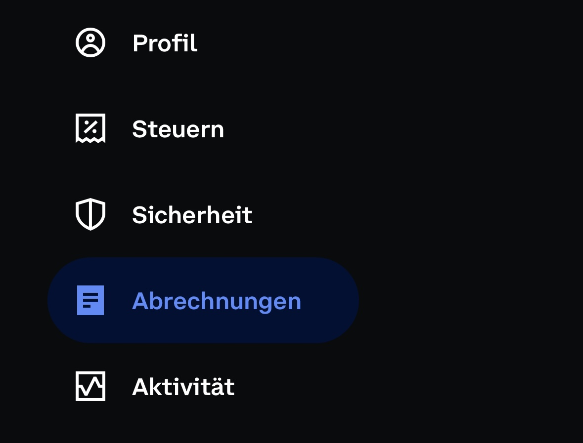 Coinbase-Menü mit Profil, Konto verwalten und Abrechnungen